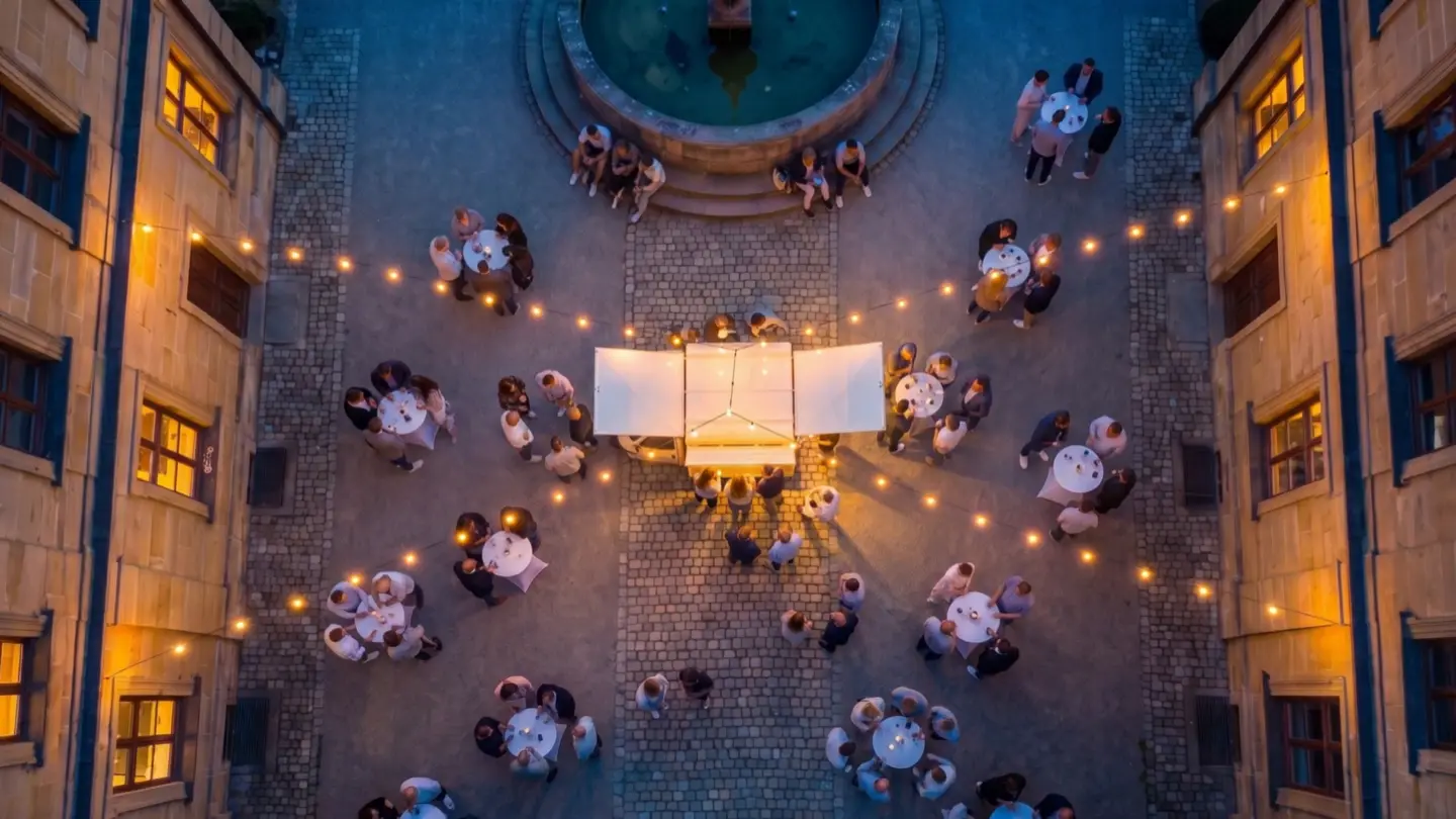 Kaffee Ape der Kaffeemühle leuchtet abends mit geöffneten Klappen in einem Schlosshof, umgeben von Gästen an Stehtischen